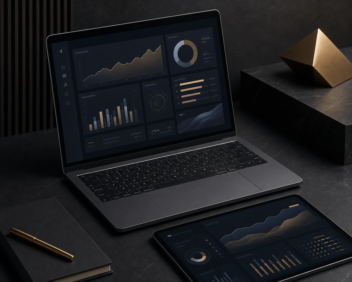 Atlas Finance dijital platformunun koyu temalı arayüz sunumu