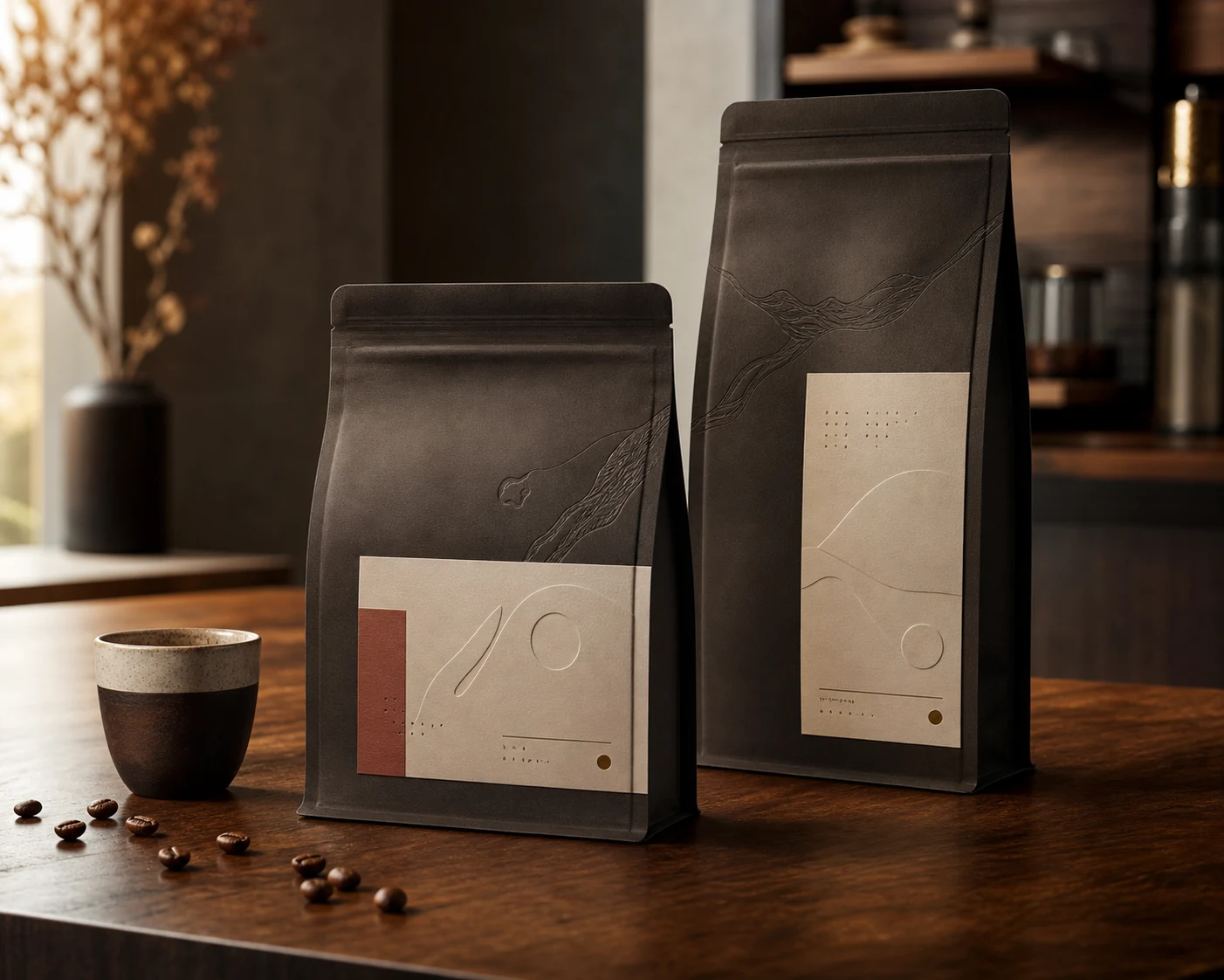 Ova Coffee için tasarlanan koyu tonlu kahve ambalajları